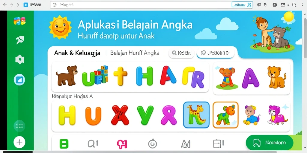 Antarmuka JPS888 menampilkan aktivitas belajar huruf dan angka yang menarik.