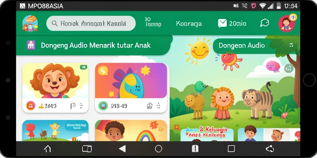 Antarmuka aplikasi MPO88ASIA yang menampilkan kategori dongeng audio untuk anak.